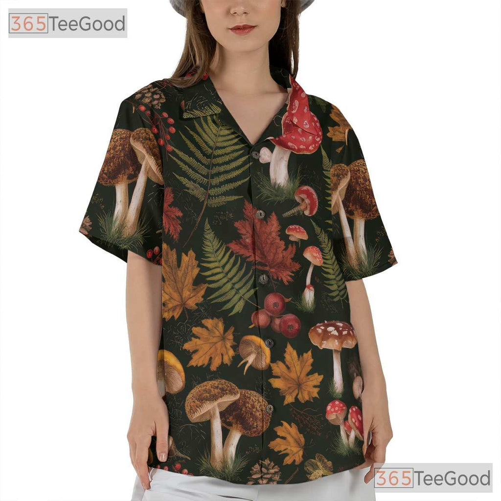 Adult Botanical Mushroom Hawaiian Tee - Fungi Fern Forest Tropical Shirt