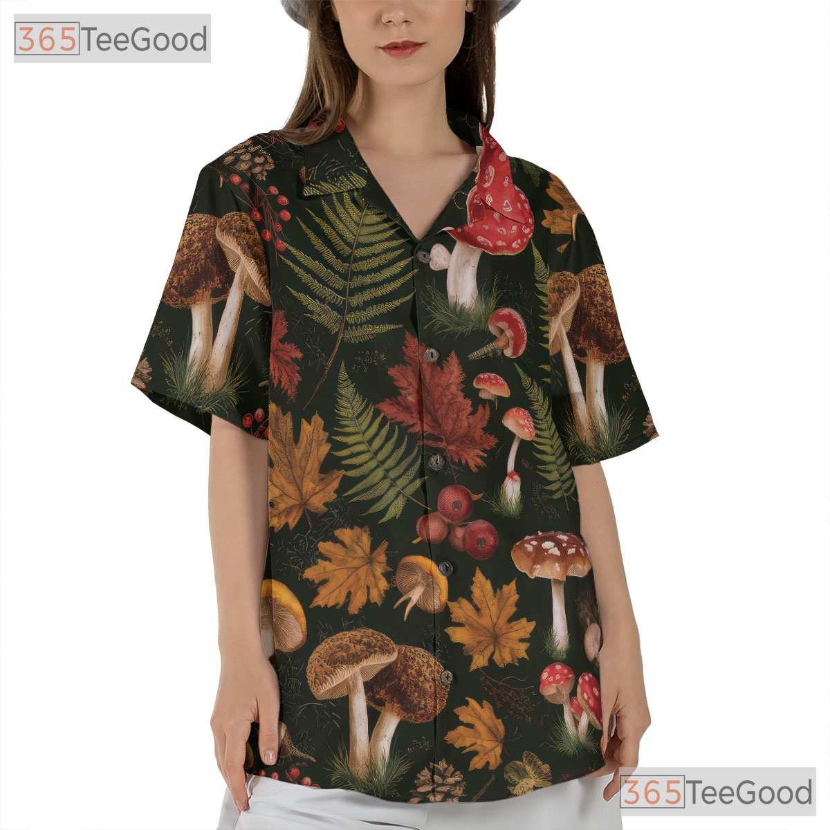 Adult Botanical Mushroom Hawaiian Tee - Fungi Fern Forest Tropical Shirt