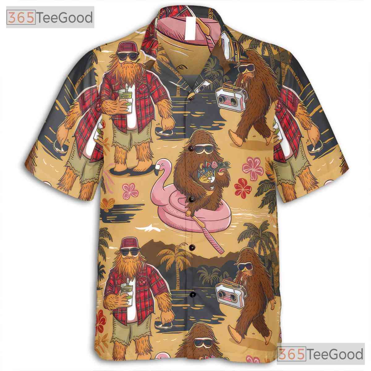 Adult Funny Bigfoot Hawaiian Tee - Camping Sasquatch Tropical Beachwear Shirt