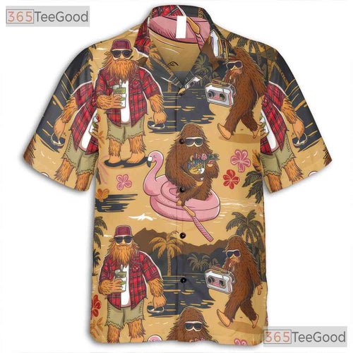 Adult Funny Bigfoot Hawaiian Tee - Camping Sasquatch Tropical Beachwear Shirt