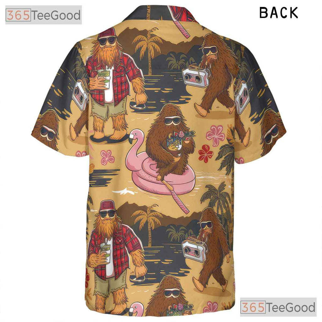Adult Funny Bigfoot Hawaiian Tee - Camping Sasquatch Tropical Beachwear Shirt