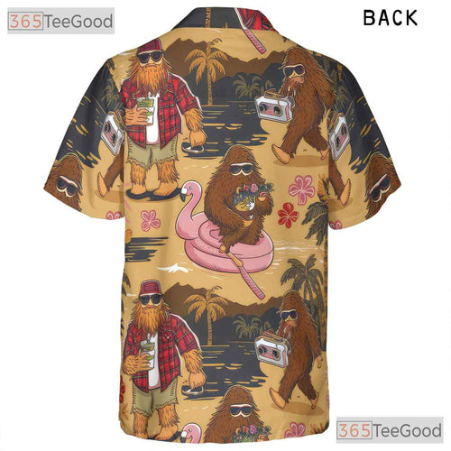 Adult Funny Bigfoot Hawaiian Tee - Camping Sasquatch Tropical Beachwear Shirt