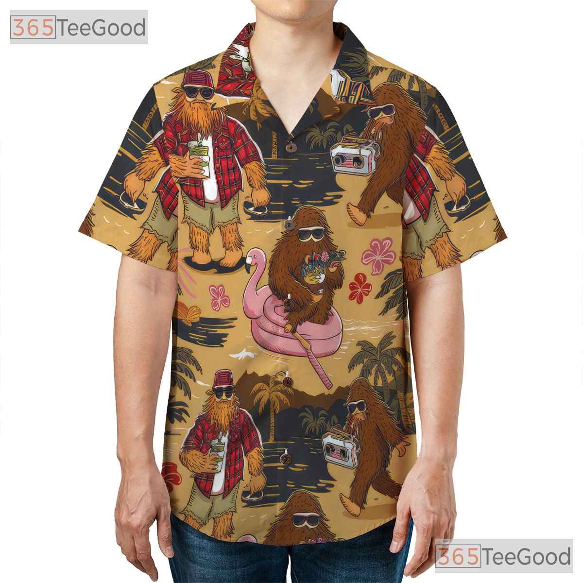 Adult Funny Bigfoot Hawaiian Tee - Camping Sasquatch Tropical Beachwear Shirt