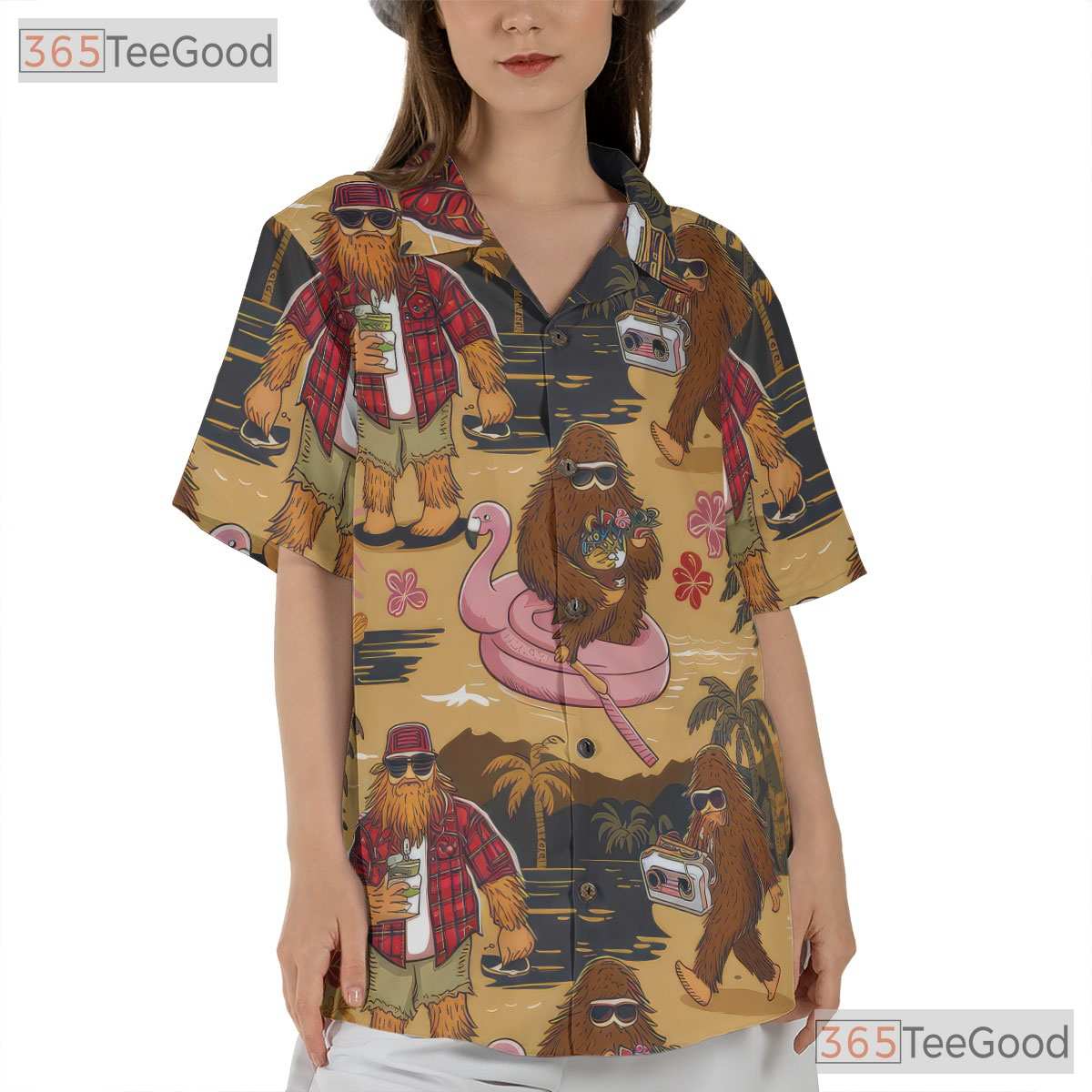 Adult Funny Bigfoot Hawaiian Tee - Camping Sasquatch Tropical Beachwear Shirt