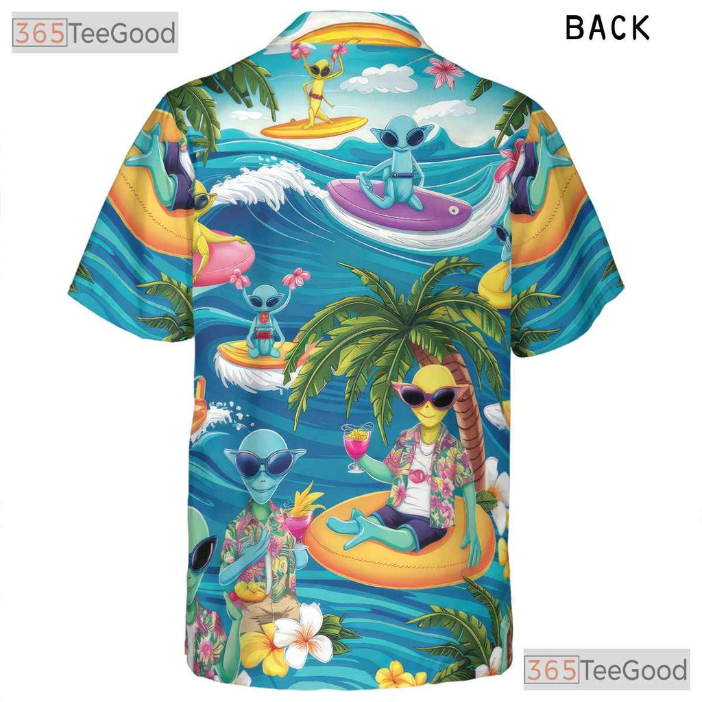 Adult Funny UFO Alien Hawaiian Tee - Surfing Beach Aloha Tropical Shirt