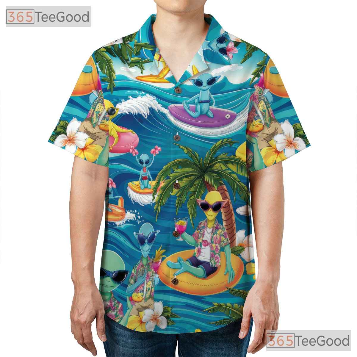 Adult Funny UFO Alien Hawaiian Tee - Surfing Beach Aloha Tropical Shirt