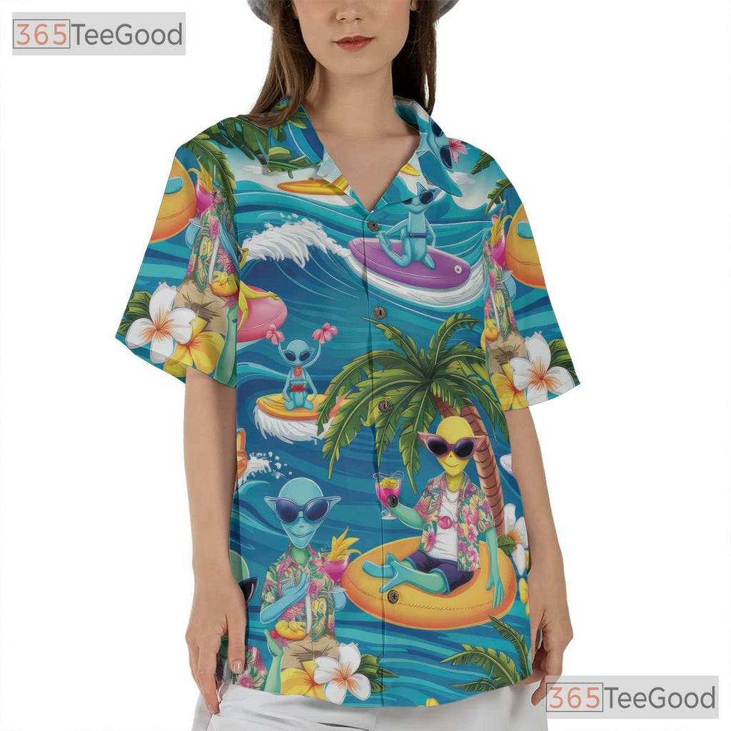 Adult Funny UFO Alien Hawaiian Tee - Surfing Beach Aloha Tropical Shirt