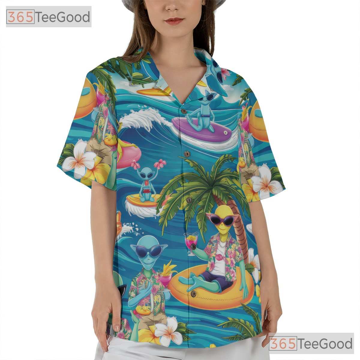 Adult Funny UFO Alien Hawaiian Tee - Surfing Beach Aloha Tropical Shirt