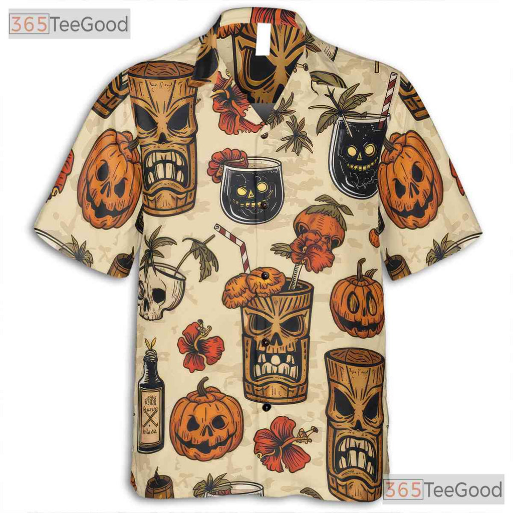 Adult Halloween Tiki Hawaiian Tee - Spooky Horror Cocktail Beachwear Shirt