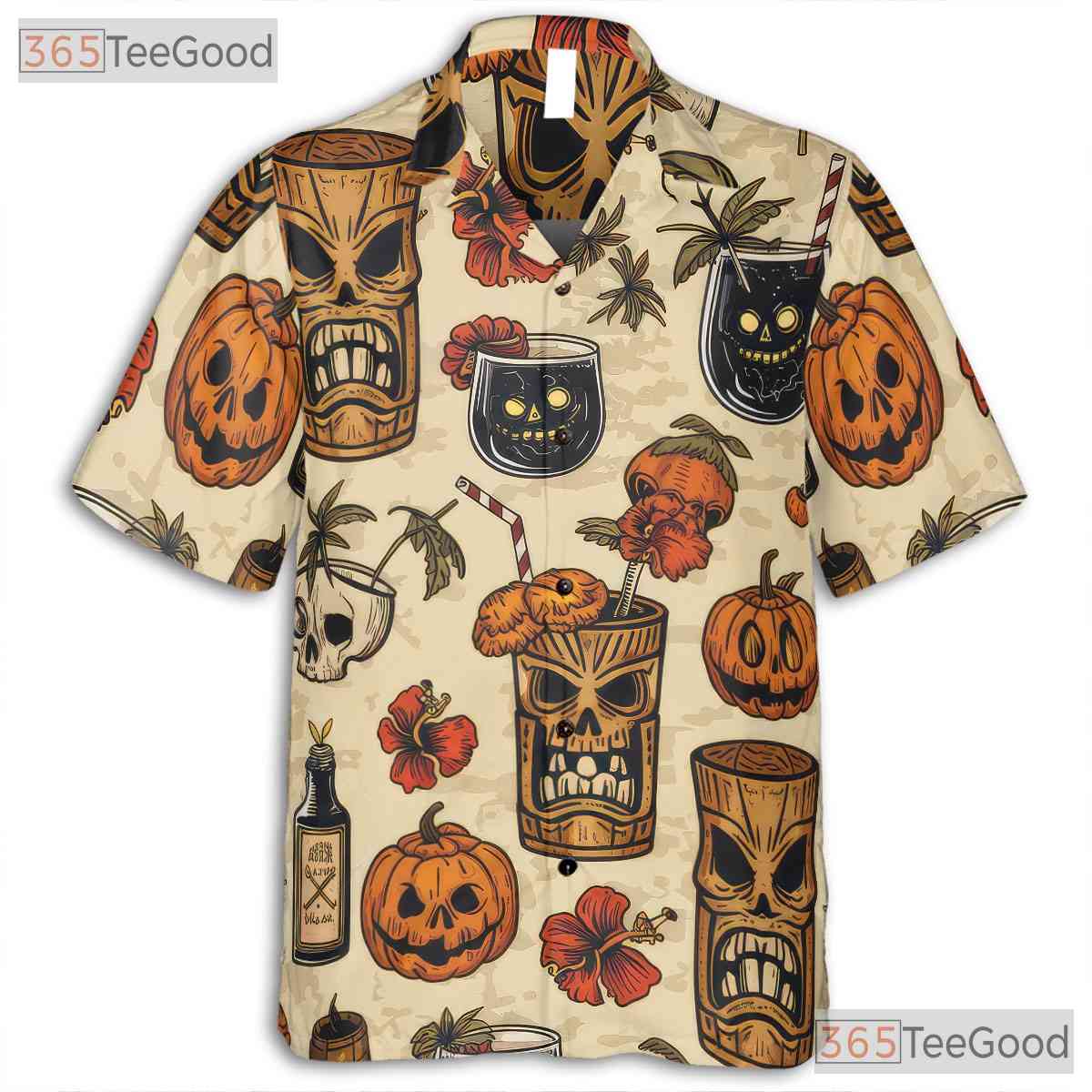 Adult Halloween Tiki Hawaiian Tee - Spooky Horror Cocktail Beachwear Shirt
