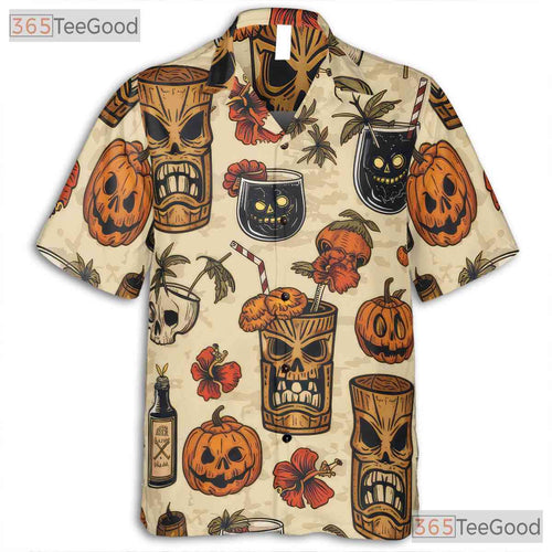 Adult Halloween Tiki Hawaiian Tee - Spooky Horror Cocktail Beachwear Shirt