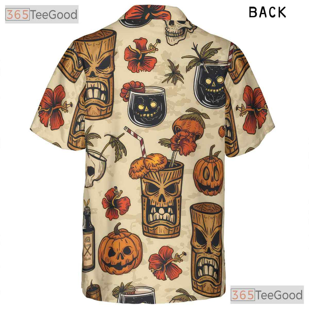 Adult Halloween Tiki Hawaiian Tee - Spooky Horror Cocktail Beachwear Shirt