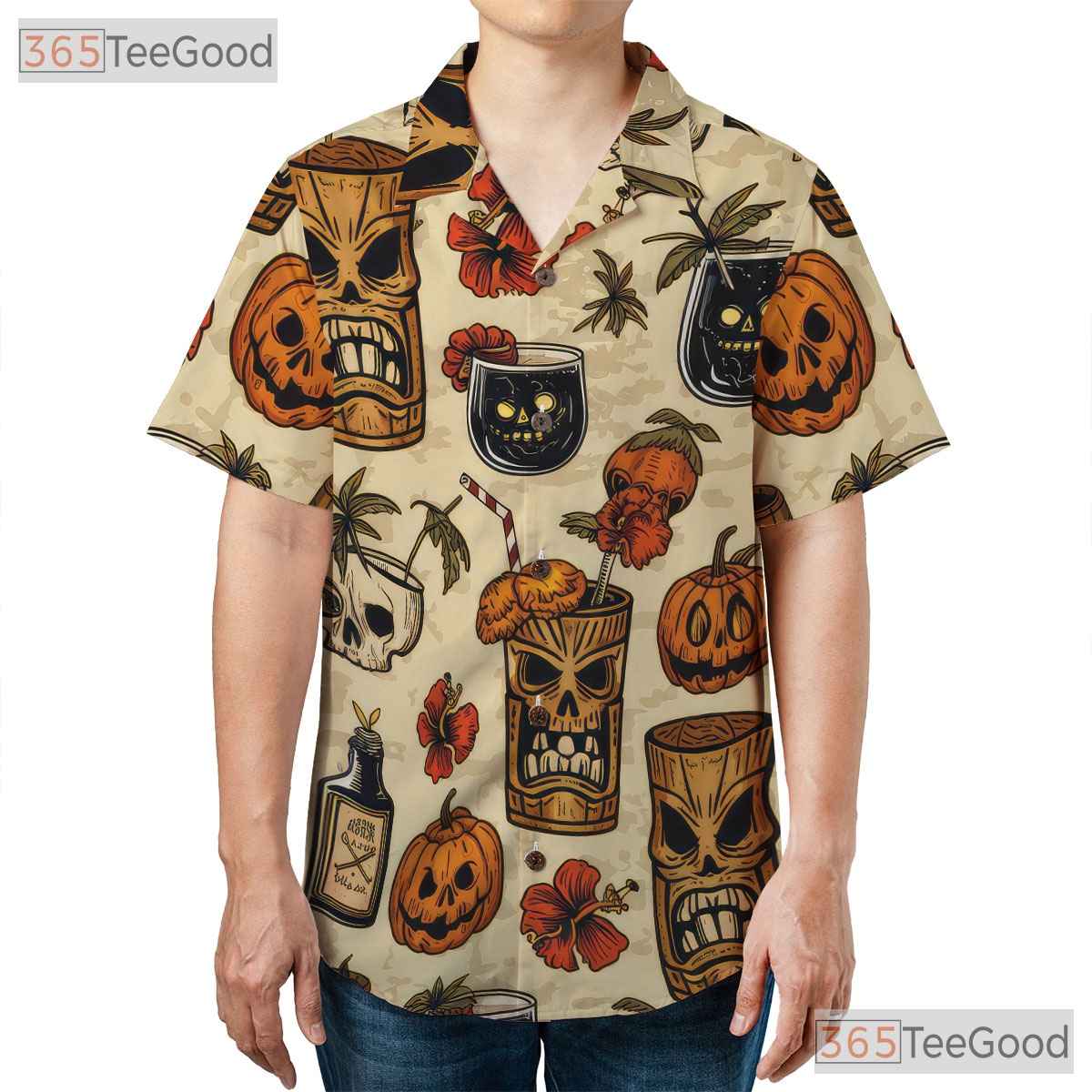 Adult Halloween Tiki Hawaiian Tee - Spooky Horror Cocktail Beachwear Shirt
