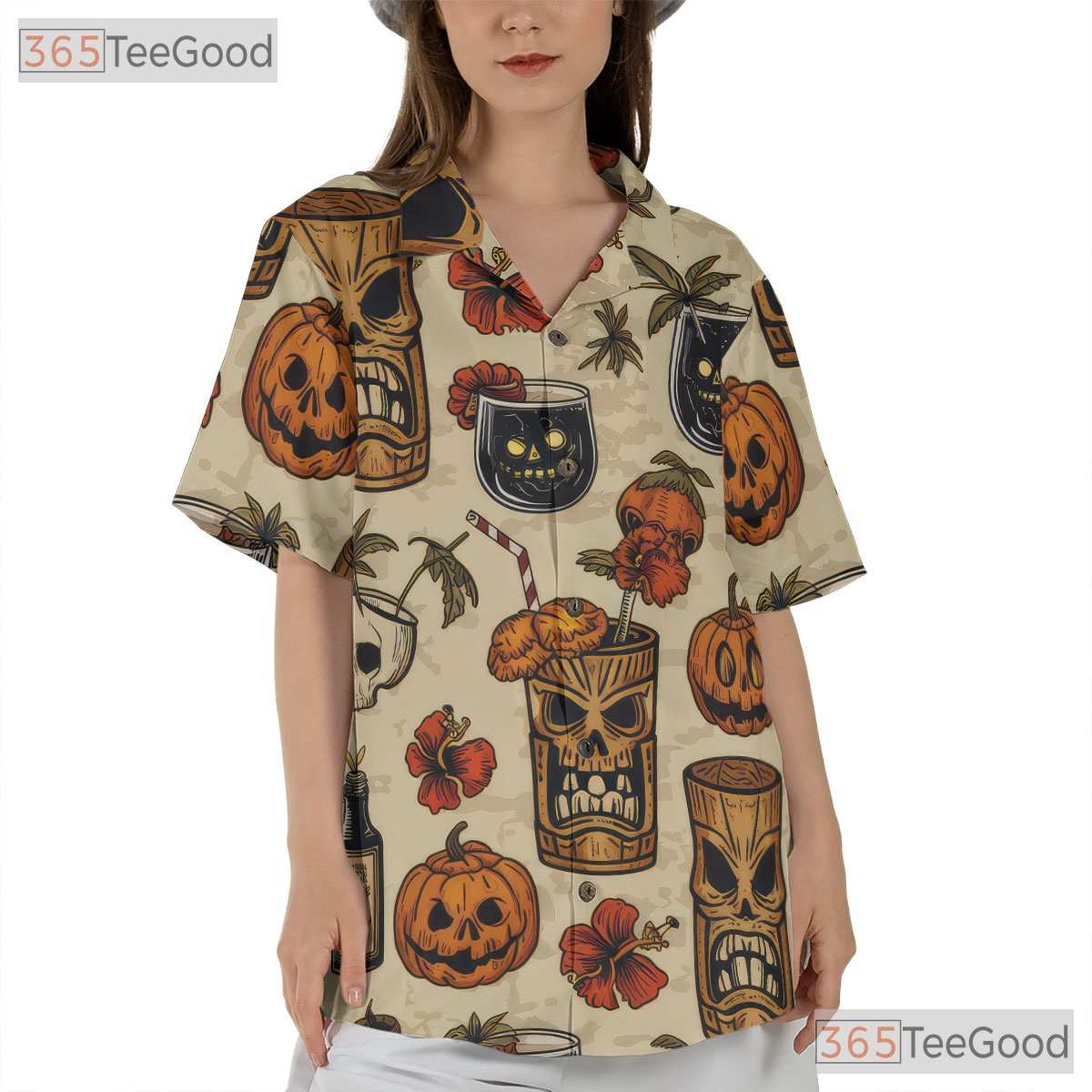 Adult Halloween Tiki Hawaiian Tee - Spooky Horror Cocktail Beachwear Shirt