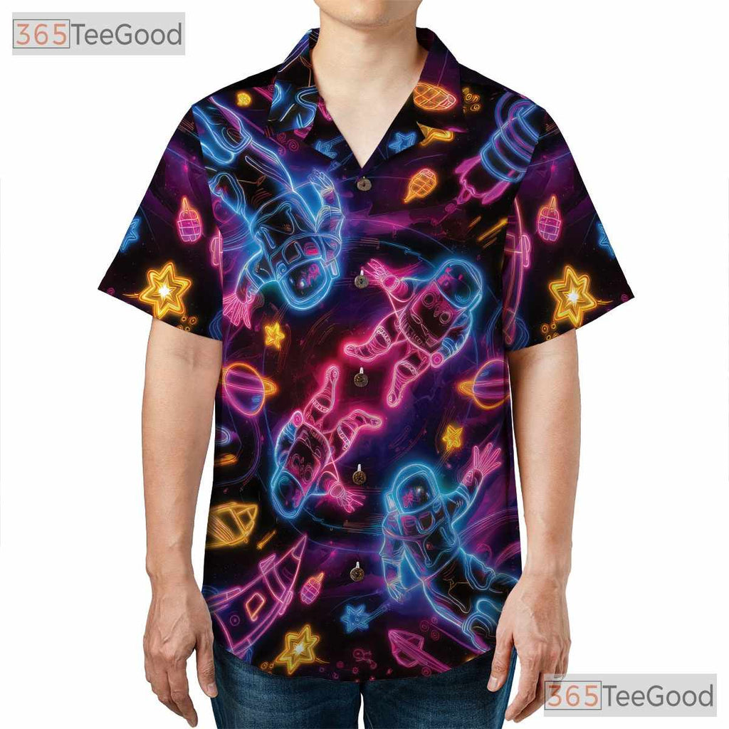 Adult Neon Galaxy Hawaiian Tee - Retro Astronaut Space Vaporwave Aesthetic