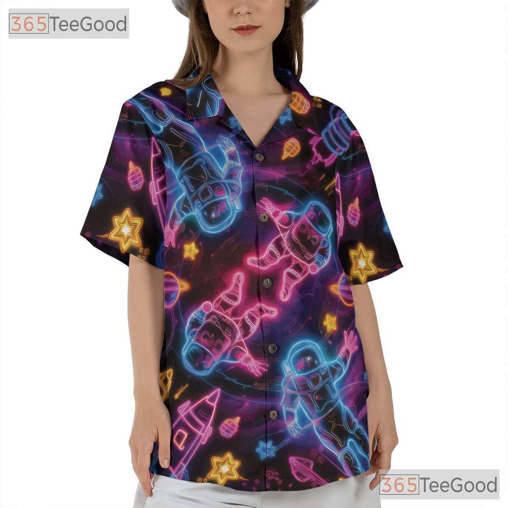 Adult Neon Galaxy Hawaiian Tee - Retro Astronaut Space Vaporwave Aesthetic