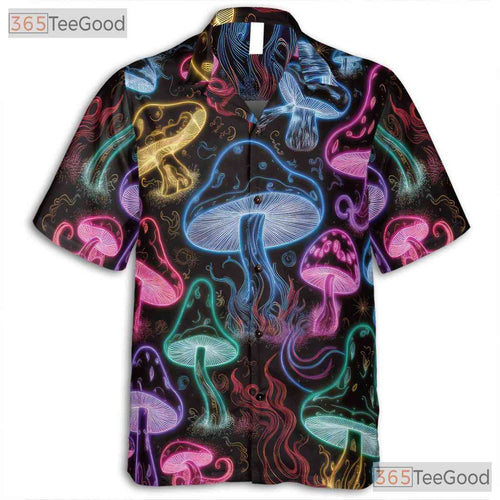 Adult Neon Psychedelic Mushroom Hawaiian Tee - Glow Festival Tropical Shirt