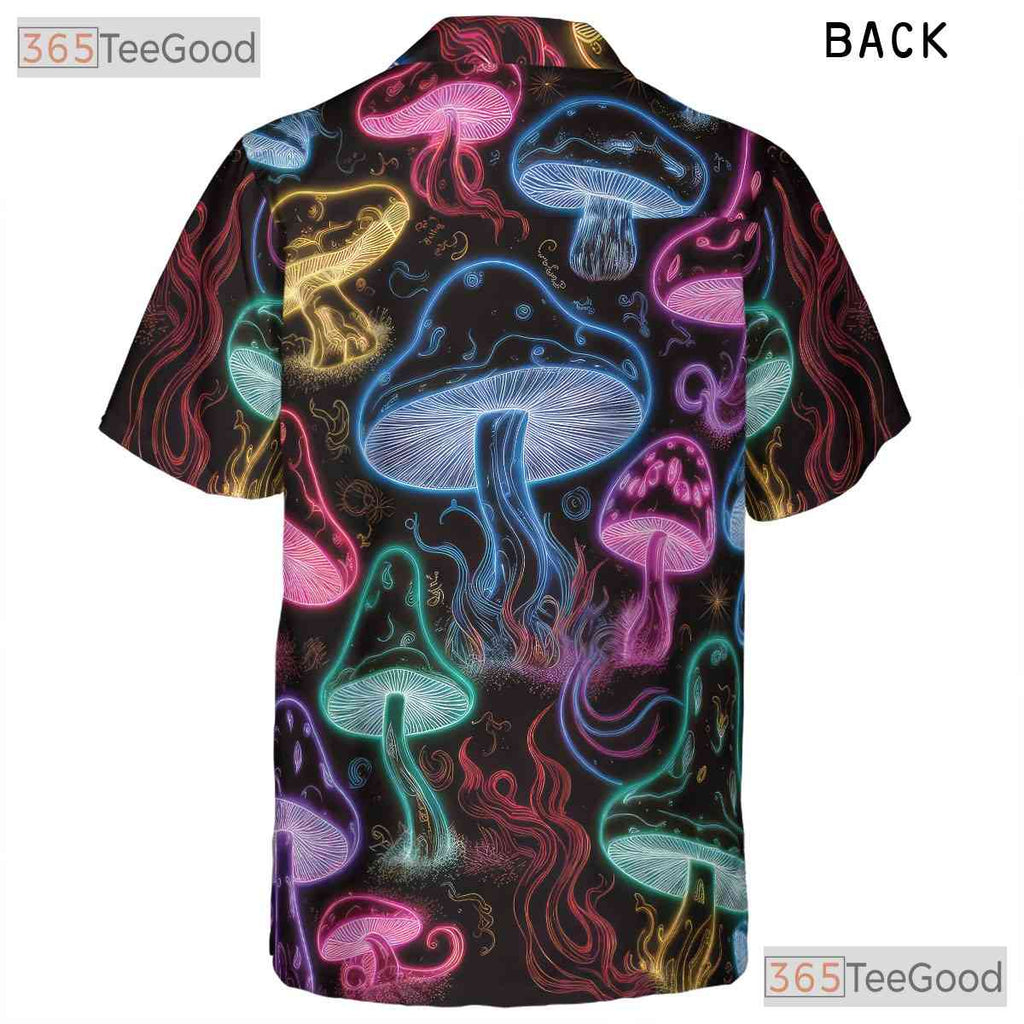 Adult Neon Psychedelic Mushroom Hawaiian Tee - Glow Festival Tropical Shirt