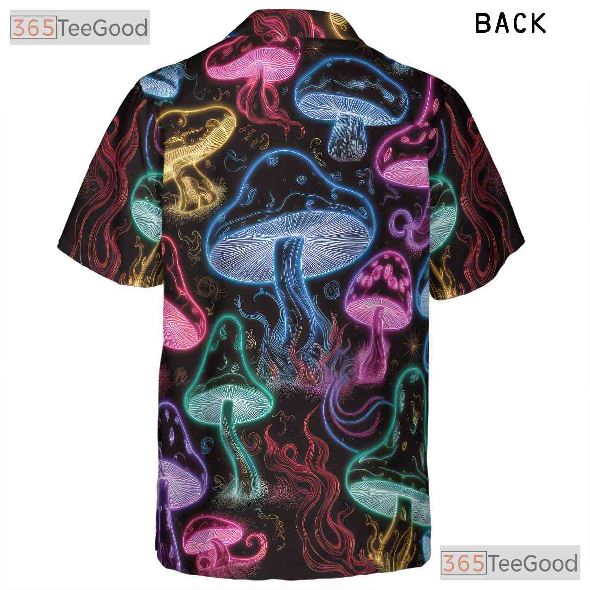 Adult Neon Psychedelic Mushroom Hawaiian Tee - Glow Festival Tropical Shirt