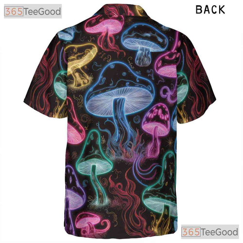 Adult Neon Psychedelic Mushroom Hawaiian Tee - Glow Festival Tropical Shirt
