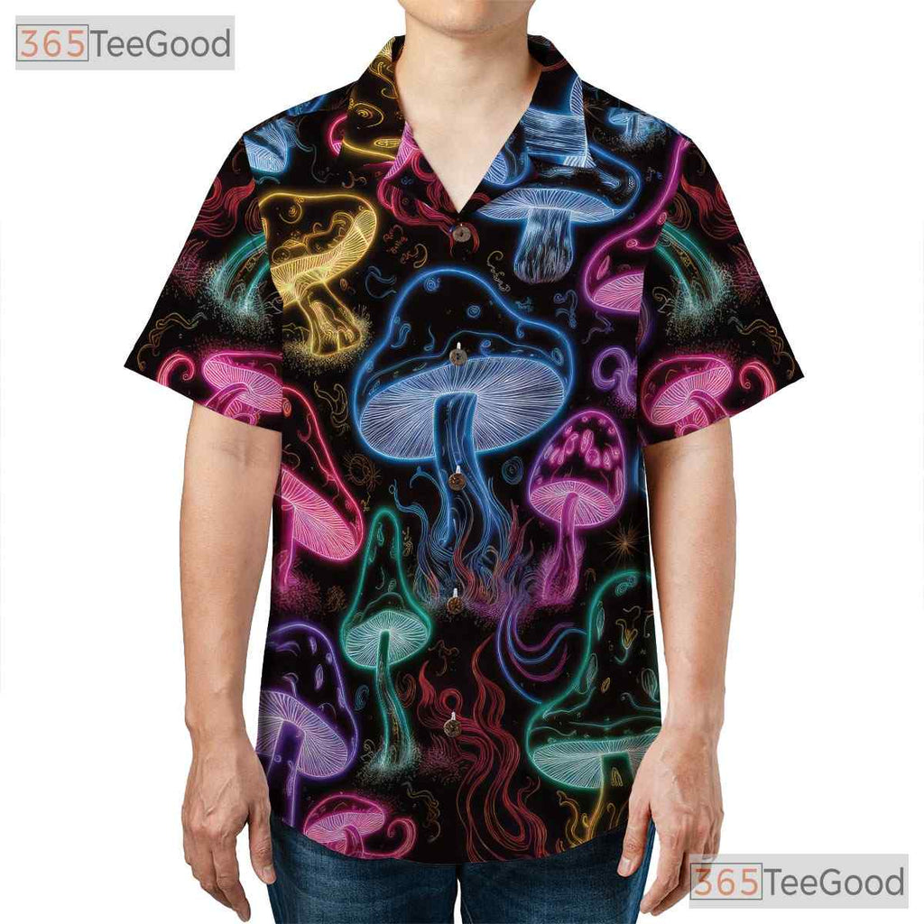Adult Neon Psychedelic Mushroom Hawaiian Tee - Glow Festival Tropical Shirt