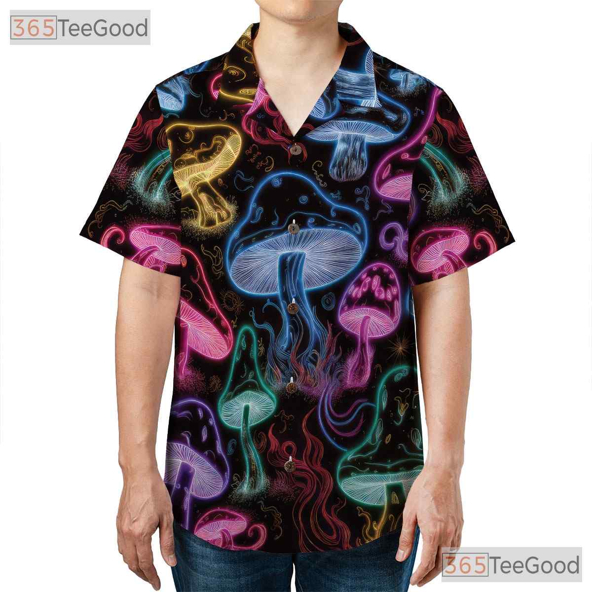 Adult Neon Psychedelic Mushroom Hawaiian Tee - Glow Festival Tropical Shirt