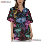 Adult Neon Psychedelic Mushroom Hawaiian Tee - Glow Festival Tropical Shirt