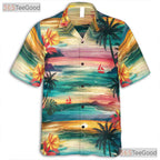 Adult Palm Tree Hawaiian Shirt - Watercolor Tropical Tee Casual Home Style
