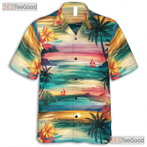 Adult Palm Tree Hawaiian Shirt - Watercolor Tropical Tee Casual Home Style