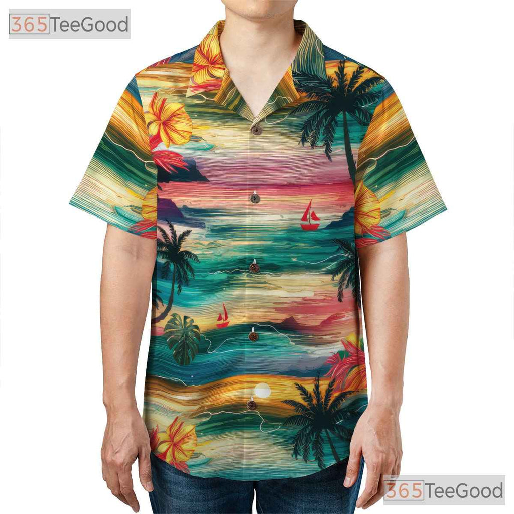 Adult Palm Tree Hawaiian Shirt - Watercolor Tropical Tee Casual Home Style