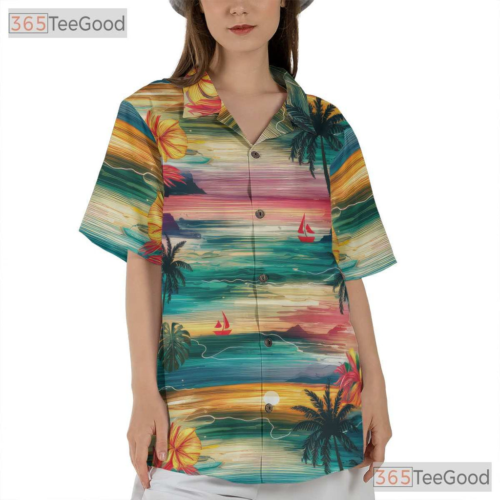 Adult Palm Tree Hawaiian Shirt - Watercolor Tropical Tee Casual Home Style