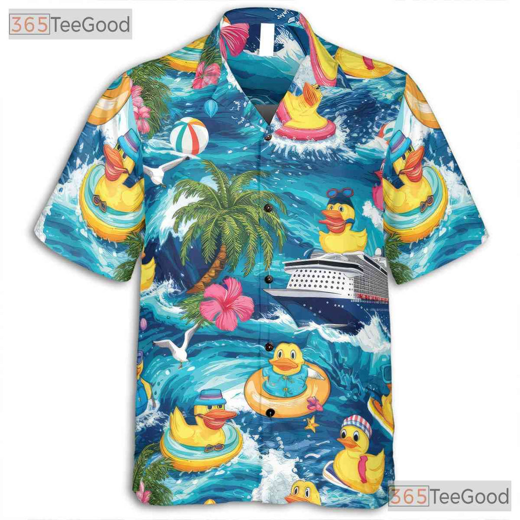 Adult Rubber Duck Hawaiian Shirt - Tropical Cruise Palm Tree Print Vacation Tee