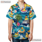 Adult Rubber Duck Hawaiian Shirt - Tropical Cruise Palm Tree Print Vacation Tee