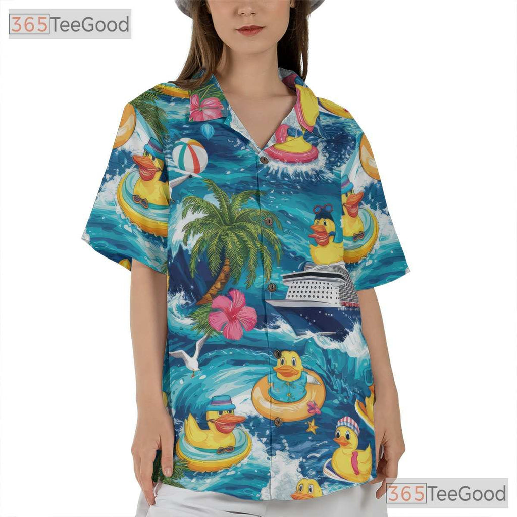 Adult Rubber Duck Hawaiian Shirt - Tropical Cruise Palm Tree Print Vacation Tee