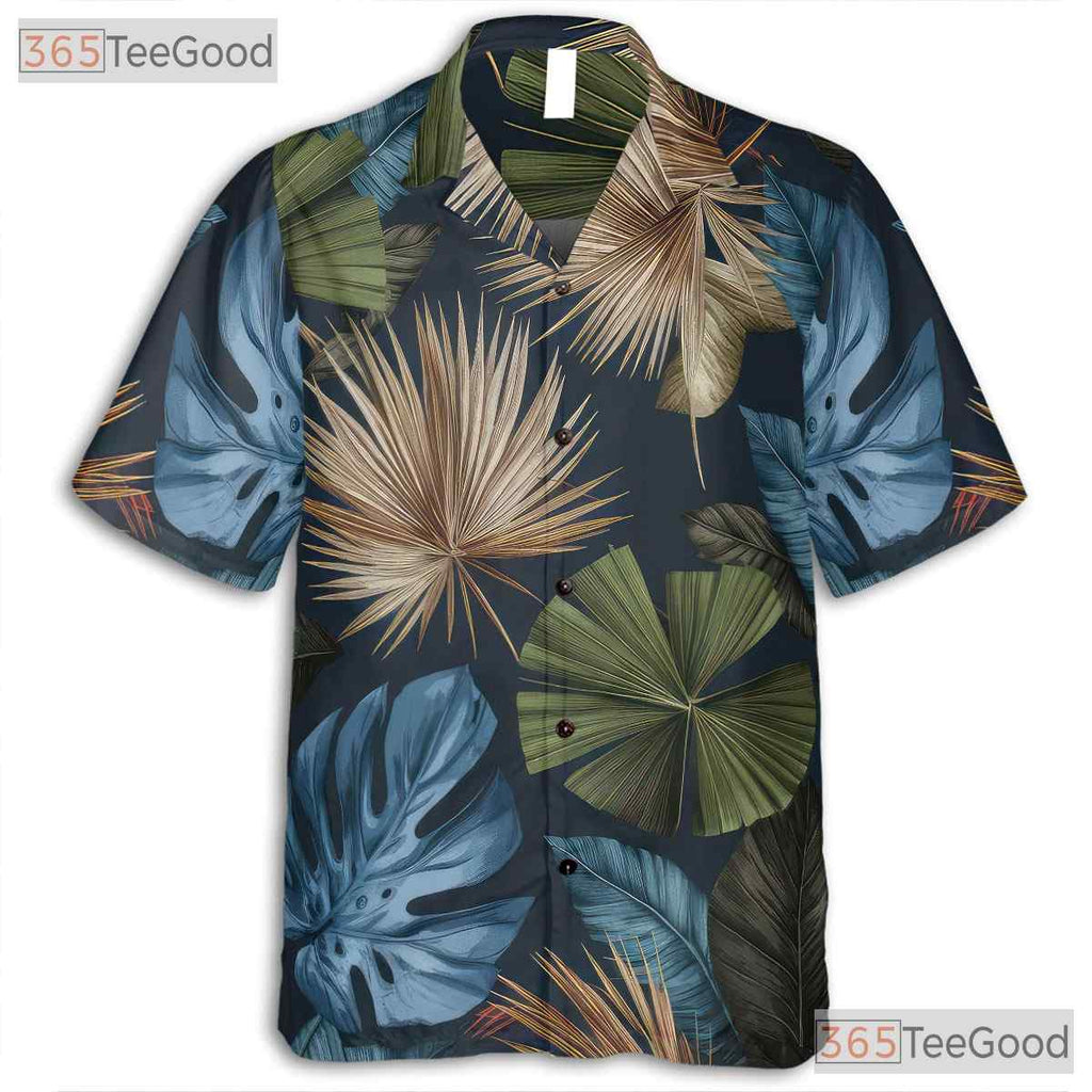 Adult Tropical Palm Leaves Hawaiian Tee - Dark Navy Summer Fashion Aloha Shirt