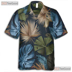 Adult Tropical Palm Leaves Hawaiian Tee - Dark Navy Summer Fashion Aloha Shirt