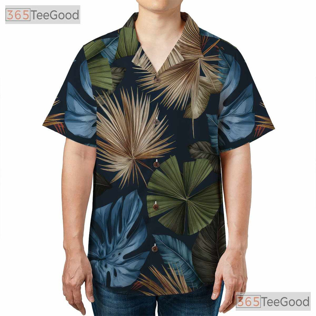 Adult Tropical Palm Leaves Hawaiian Tee - Dark Navy Summer Fashion Aloha Shirt