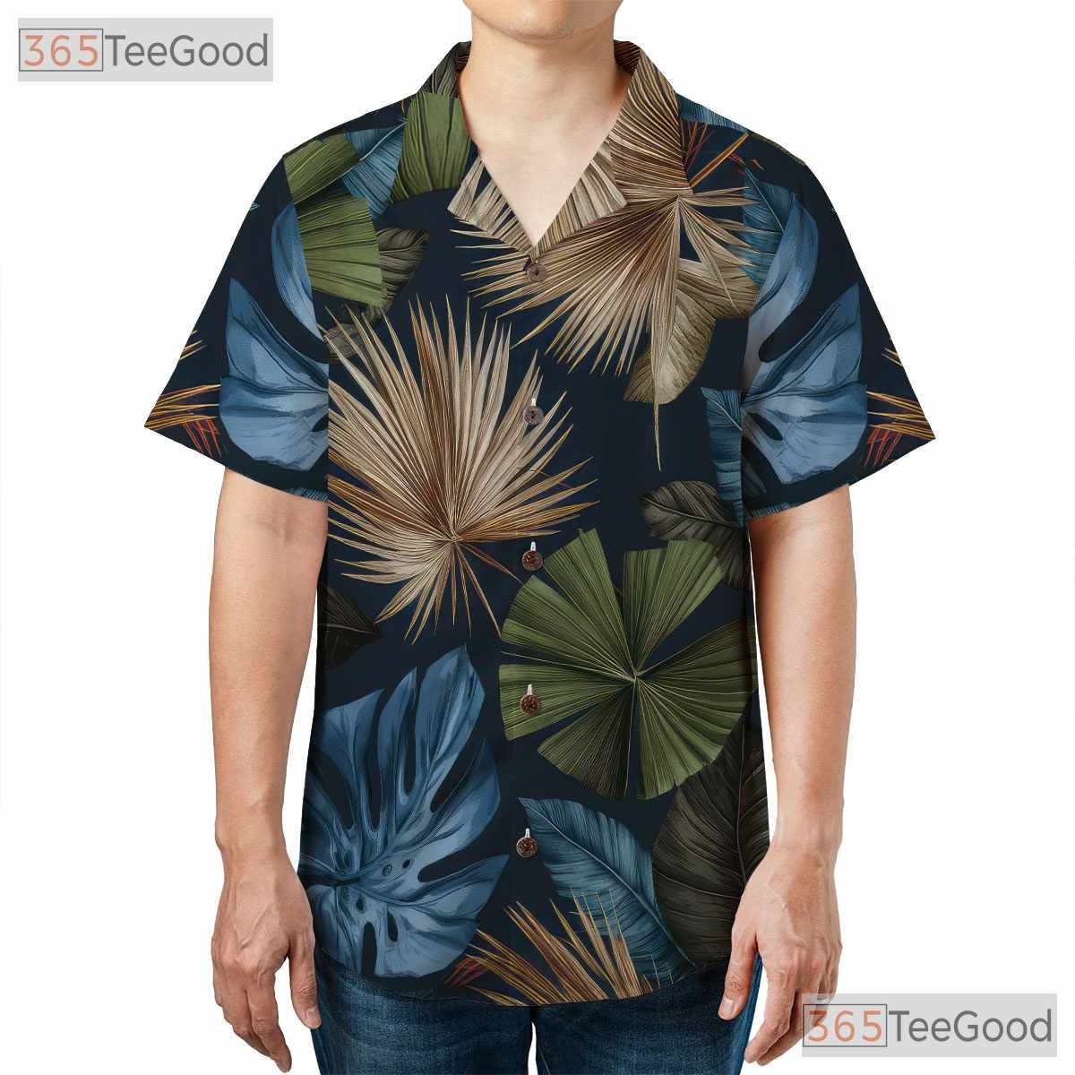 Adult Tropical Palm Leaves Hawaiian Tee - Dark Navy Summer Fashion Aloha Shirt