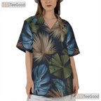Adult Tropical Palm Leaves Hawaiian Tee - Dark Navy Summer Fashion Aloha Shirt