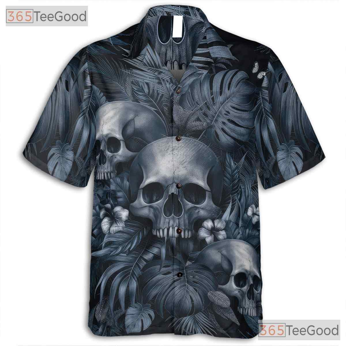 Adult Vintage Gothic Skull Hawaiian Tee - Punk Rock Dark Floral Beachwear