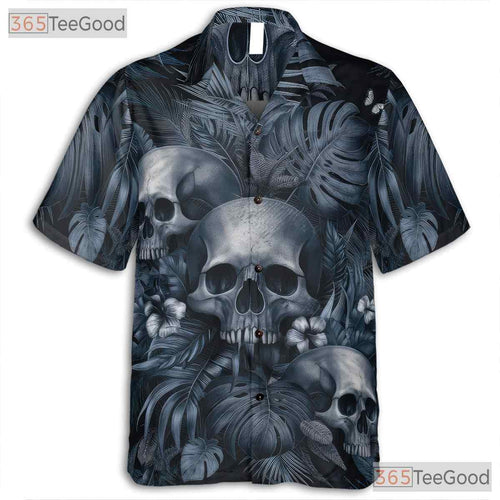 Adult Vintage Gothic Skull Hawaiian Tee - Punk Rock Dark Floral Beachwear