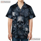 Adult Vintage Gothic Skull Hawaiian Tee - Punk Rock Dark Floral Beachwear
