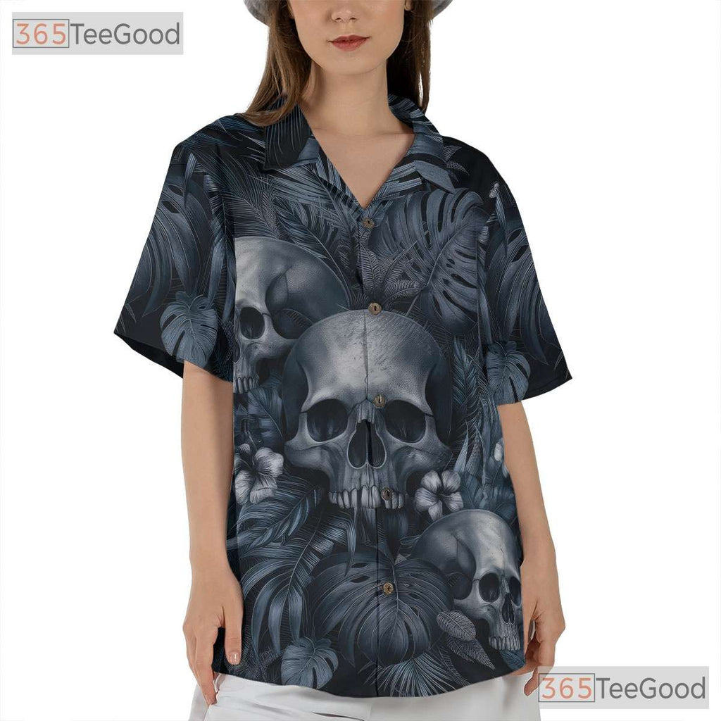 Adult Vintage Gothic Skull Hawaiian Tee - Punk Rock Dark Floral Beachwear