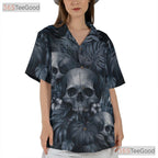 Adult Vintage Gothic Skull Hawaiian Tee - Punk Rock Dark Floral Beachwear