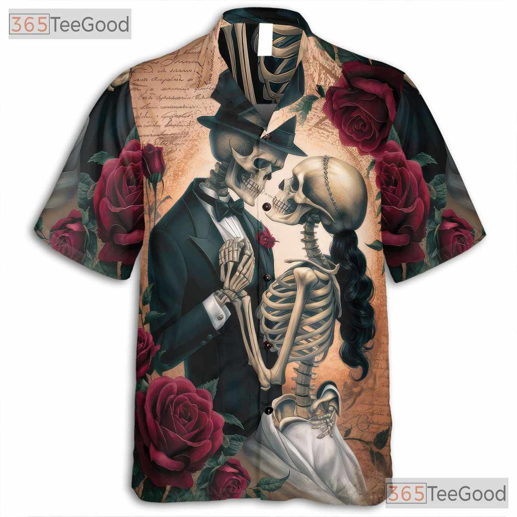 Adult Vintage Gothic Skull Hawaiian Tee - Skeleton Rose Romantic Dark Look