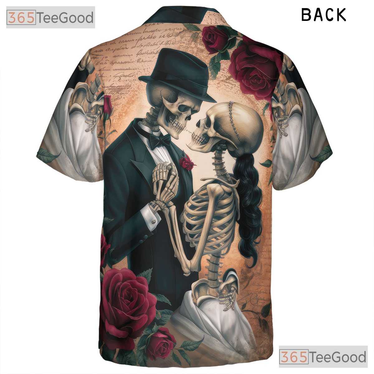 Adult Vintage Gothic Skull Hawaiian Tee - Skeleton Rose Romantic Dark Look