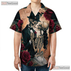 Adult Vintage Gothic Skull Hawaiian Tee - Skeleton Rose Romantic Dark Look