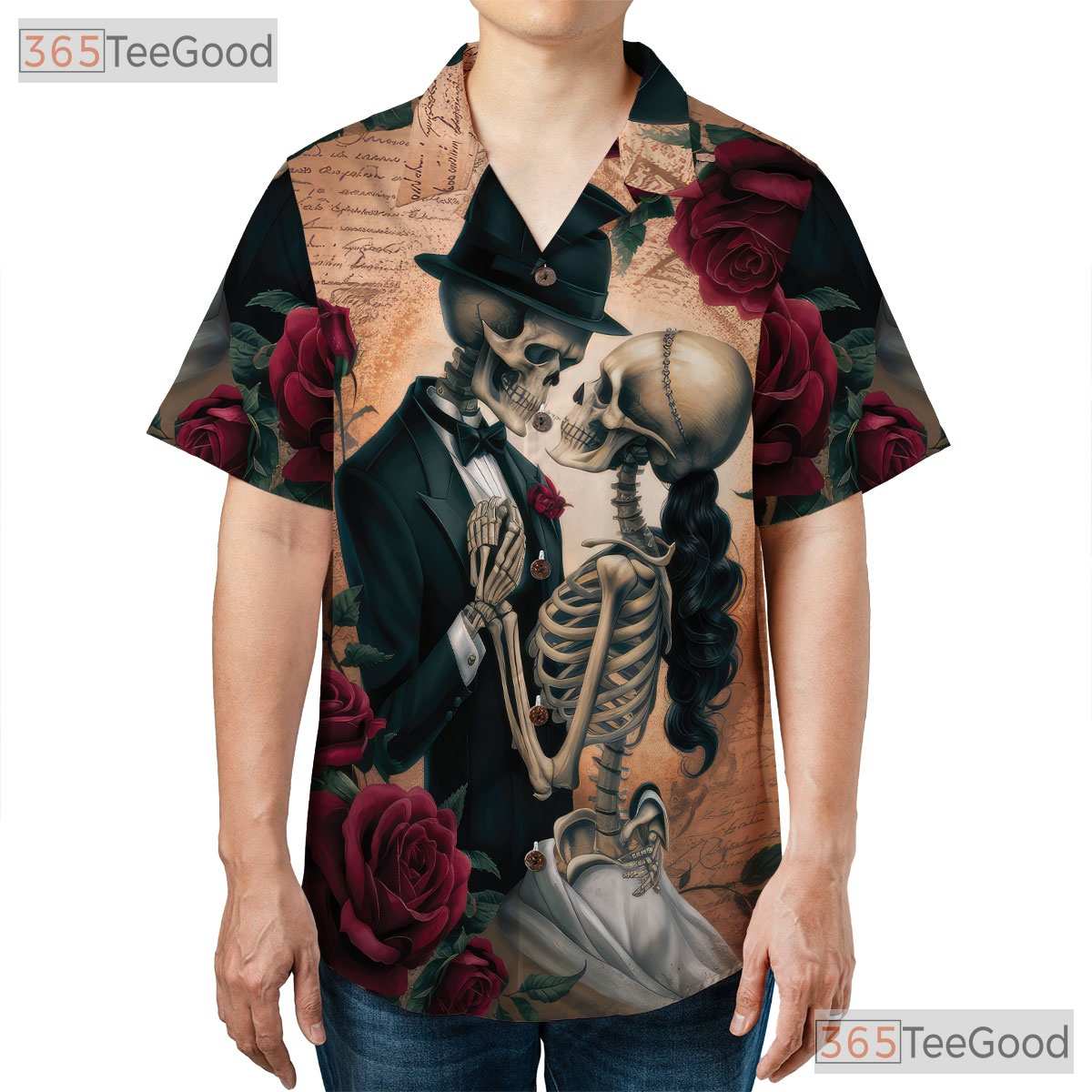 Adult Vintage Gothic Skull Hawaiian Tee - Skeleton Rose Romantic Dark Look