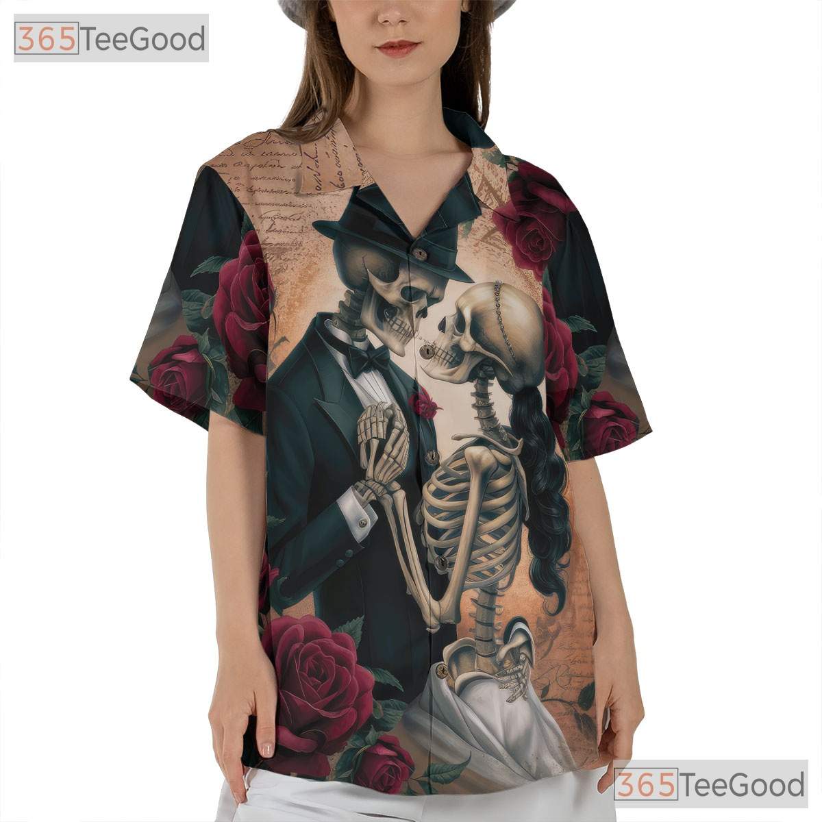 Adult Vintage Gothic Skull Hawaiian Tee - Skeleton Rose Romantic Dark Look