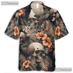 Adult Vintage Skull Floral Hawaiian Tee - Gothic Dark Summer Aloha Style